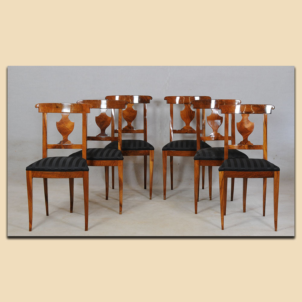 Nr. 4656 6-er Satz Biedermeier Polsterstühle, Nussbaum massiv, Schweiz um 1840